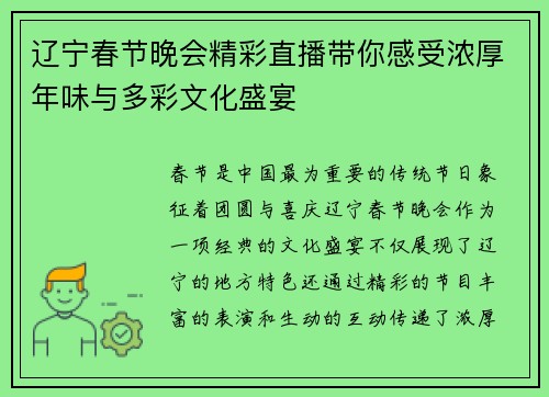 辽宁春节晚会精彩直播带你感受浓厚年味与多彩文化盛宴